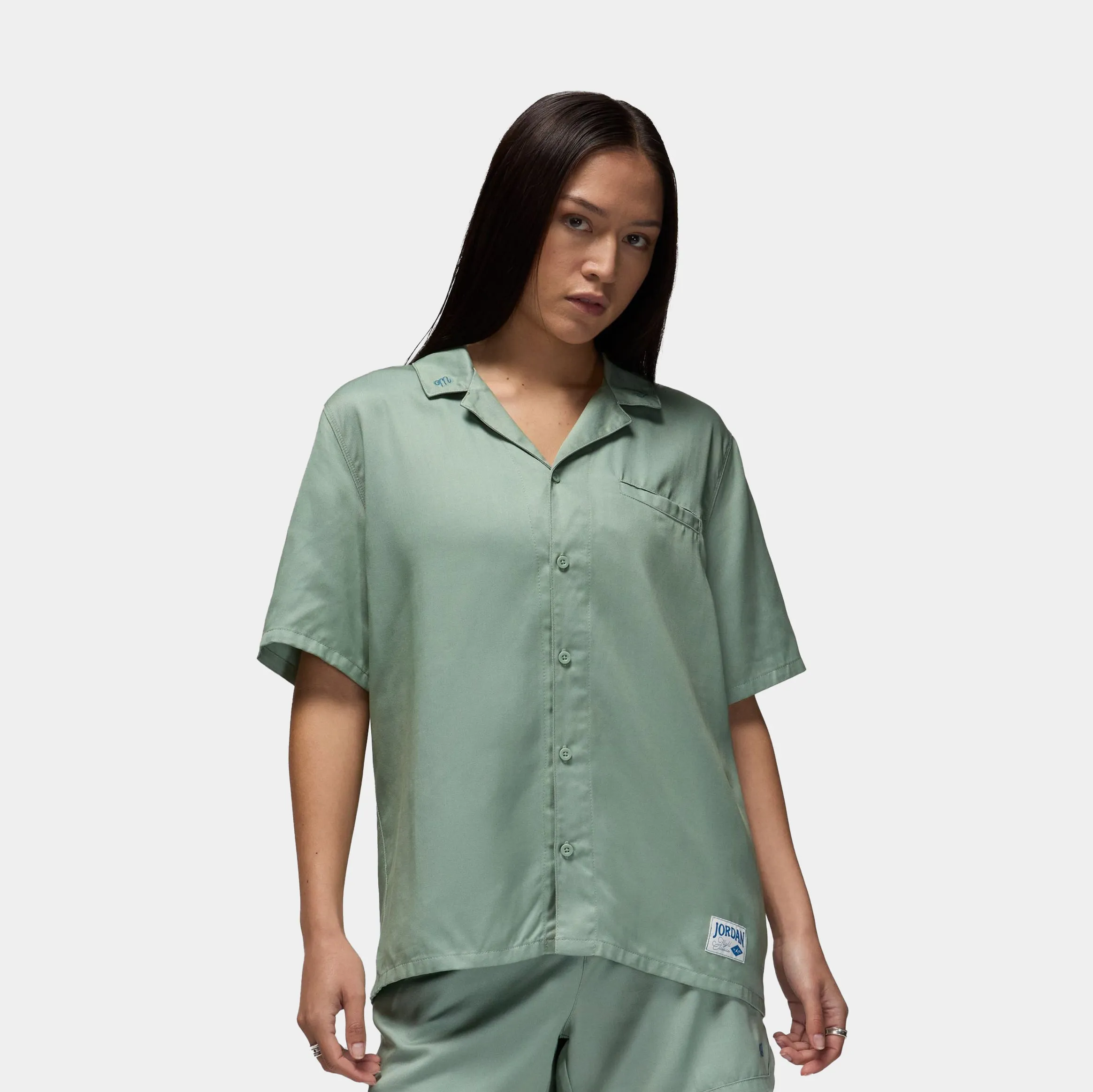 FlatlockStitching Peace Flow Twill Button Up Womens Short Sleeve Shirt (Jade Smoke/Industrial Blue)
