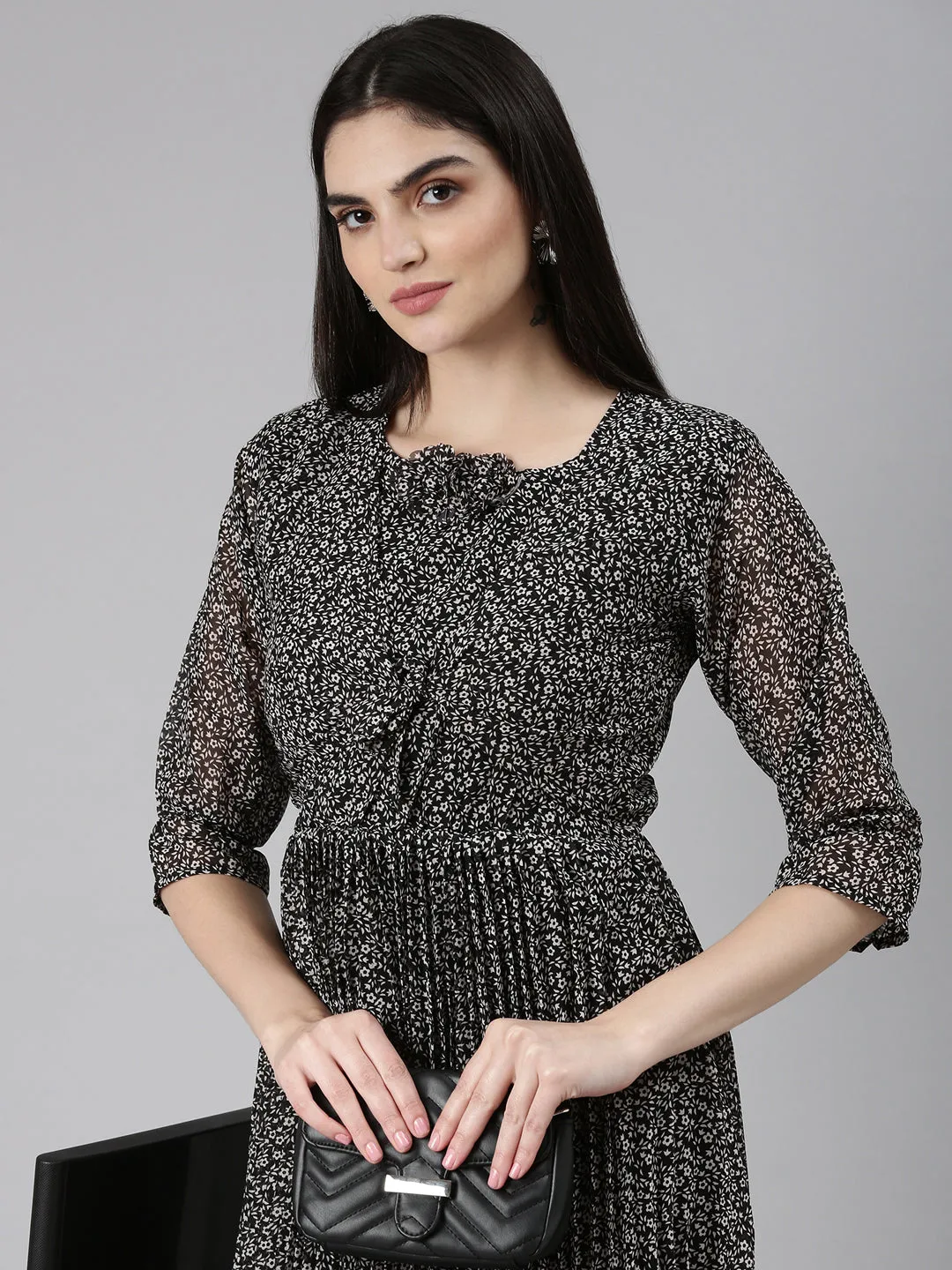 Sun-Protective Comfortable and breathable Women's Black Floral Printed Accordion Pleated Ruffled Georgette Fit & Flare Dress