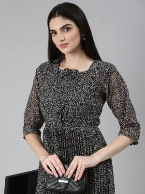 Sun-Protective Comfortable and breathable Women's Black Floral Printed Accordion Pleated Ruffled Georgette Fit & Flare Dress
