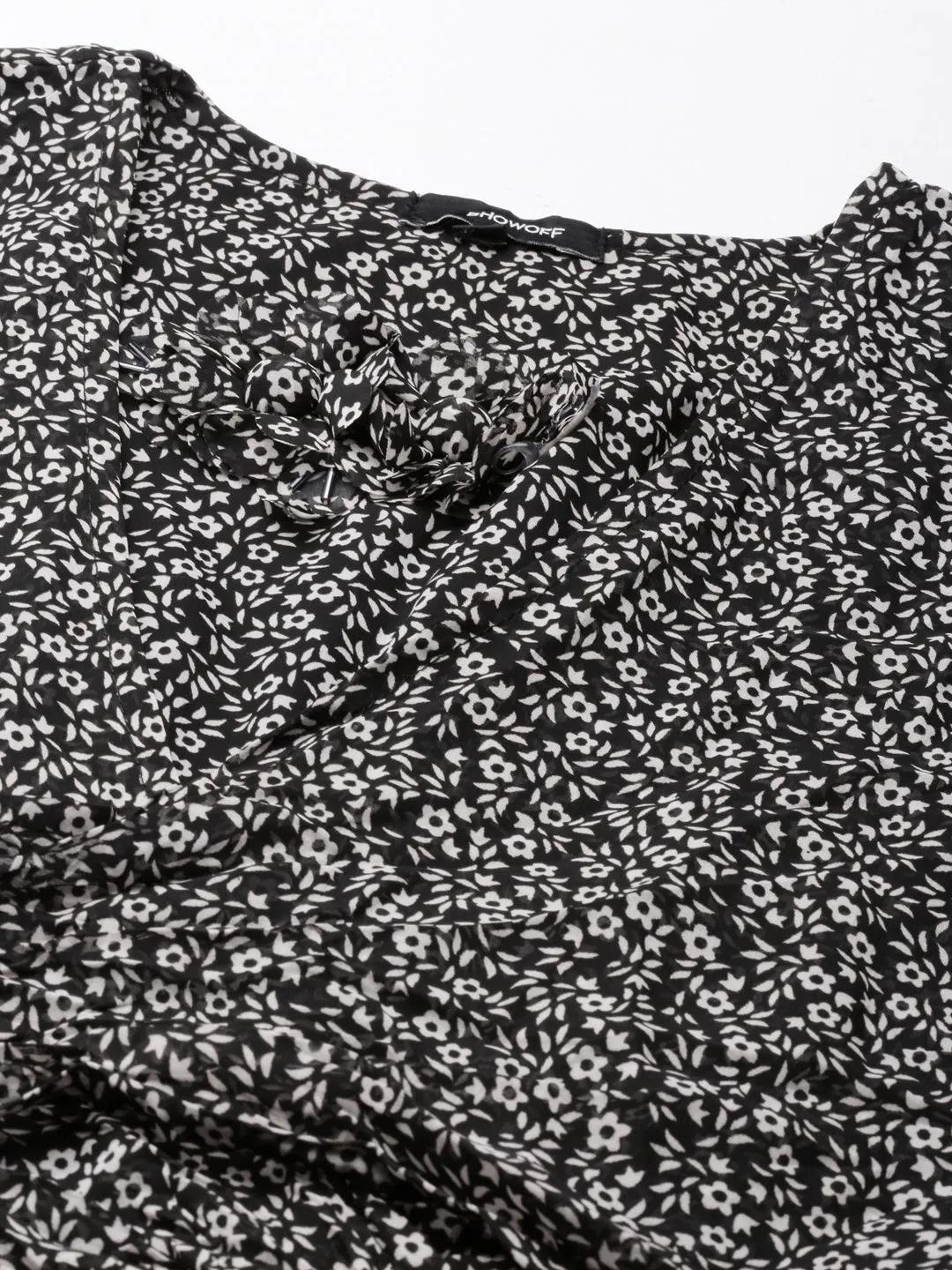 Romantic-Style Women's Black Floral Printed Accordion Pleated Ruffled Georgette Fit & Flare Dress