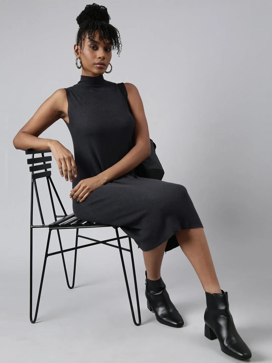 Women's Grey High Neck Sleeveless Bodycon Dress Sleek Texture Front Detail