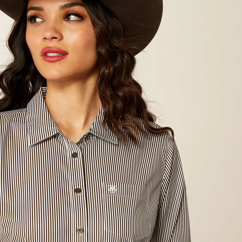Layered Look Ariat Women's Kirby Pro L/S Western Button Down Shirt in Black & White Stripe