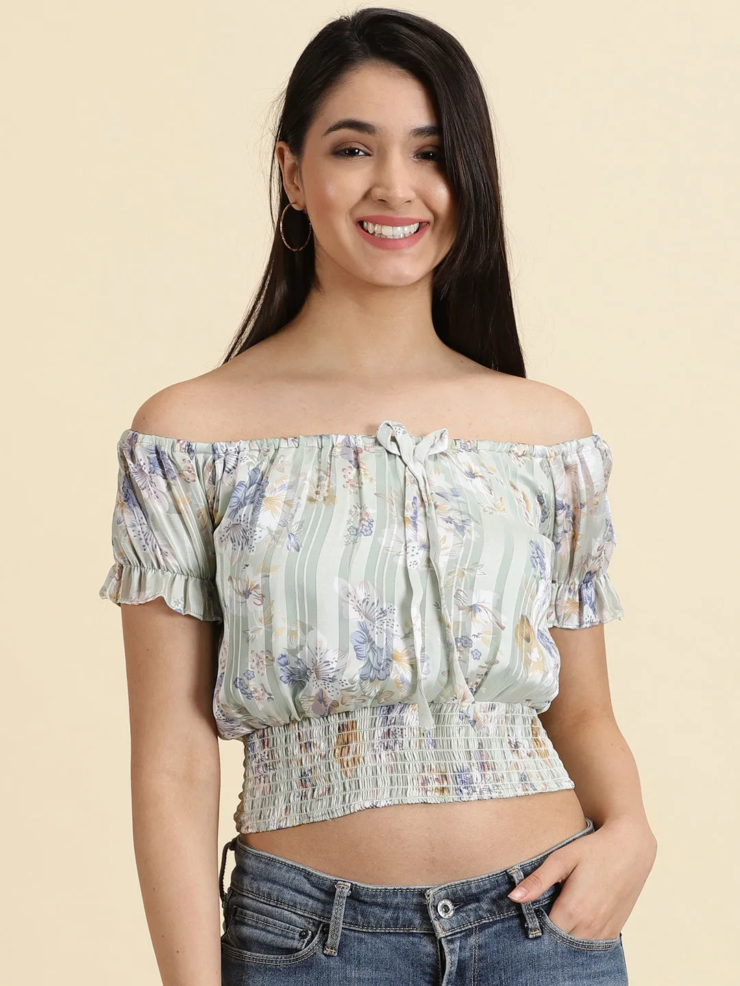 High-Quality Fabric Women's Sea Green Floral Printed Off-Shoulder Cinched Waist Crop Top