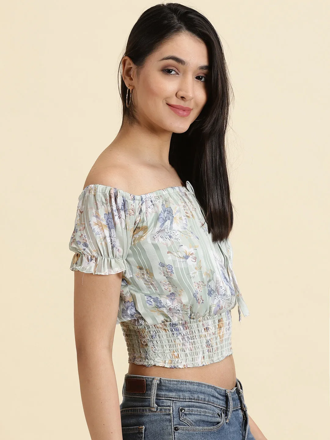 Relaxed Wearable Comfy Wardrobe Women's Sea Green Floral Printed Off-Shoulder Cinched Waist Crop Top