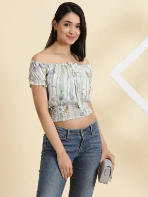 Women's Sea Green Floral Printed Off-Shoulder Cinched Waist Crop Top Effortless Style
