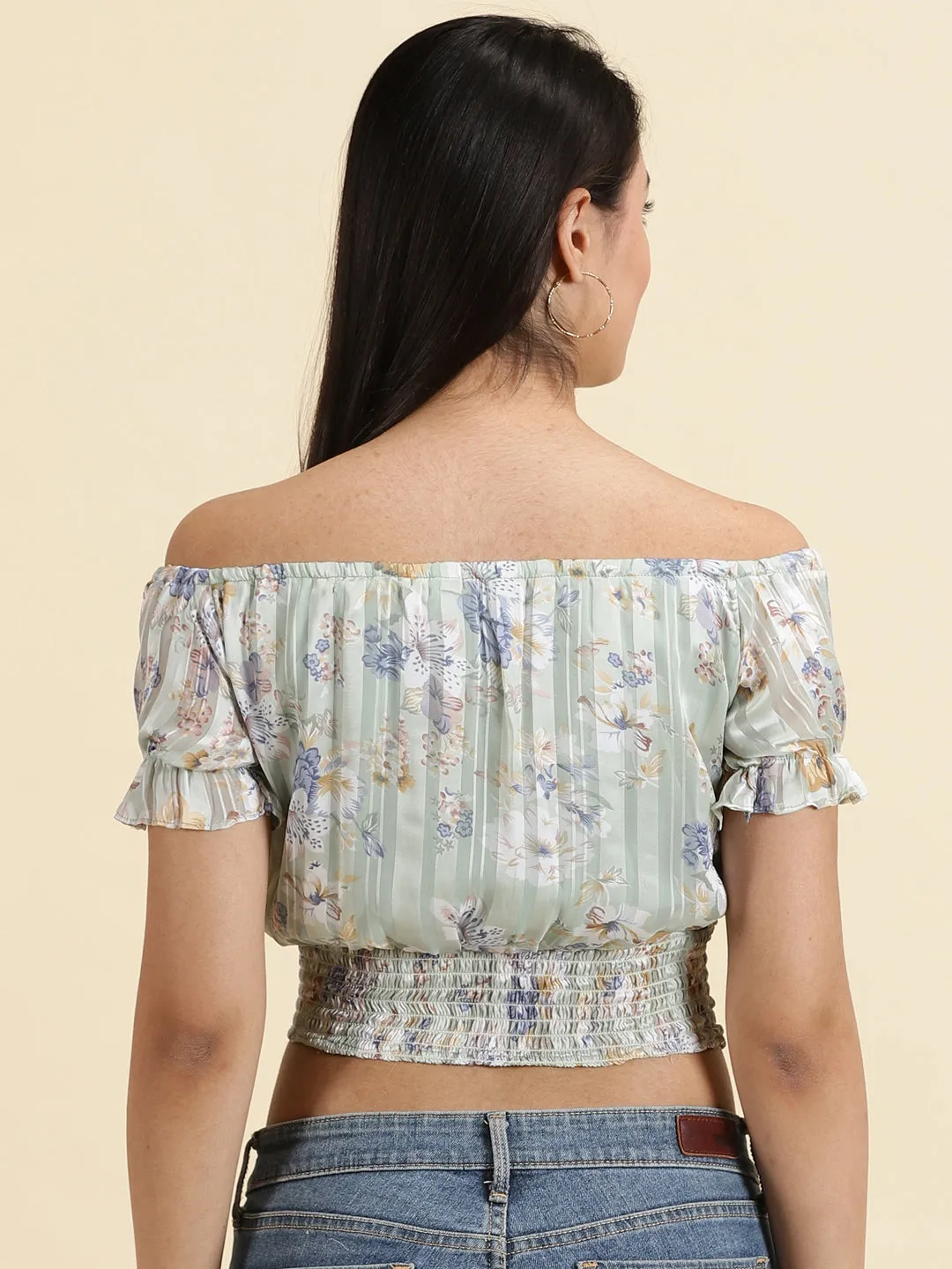 Women's Sea Green Floral Printed Off-Shoulder Cinched Waist Crop Top Comfy Flex