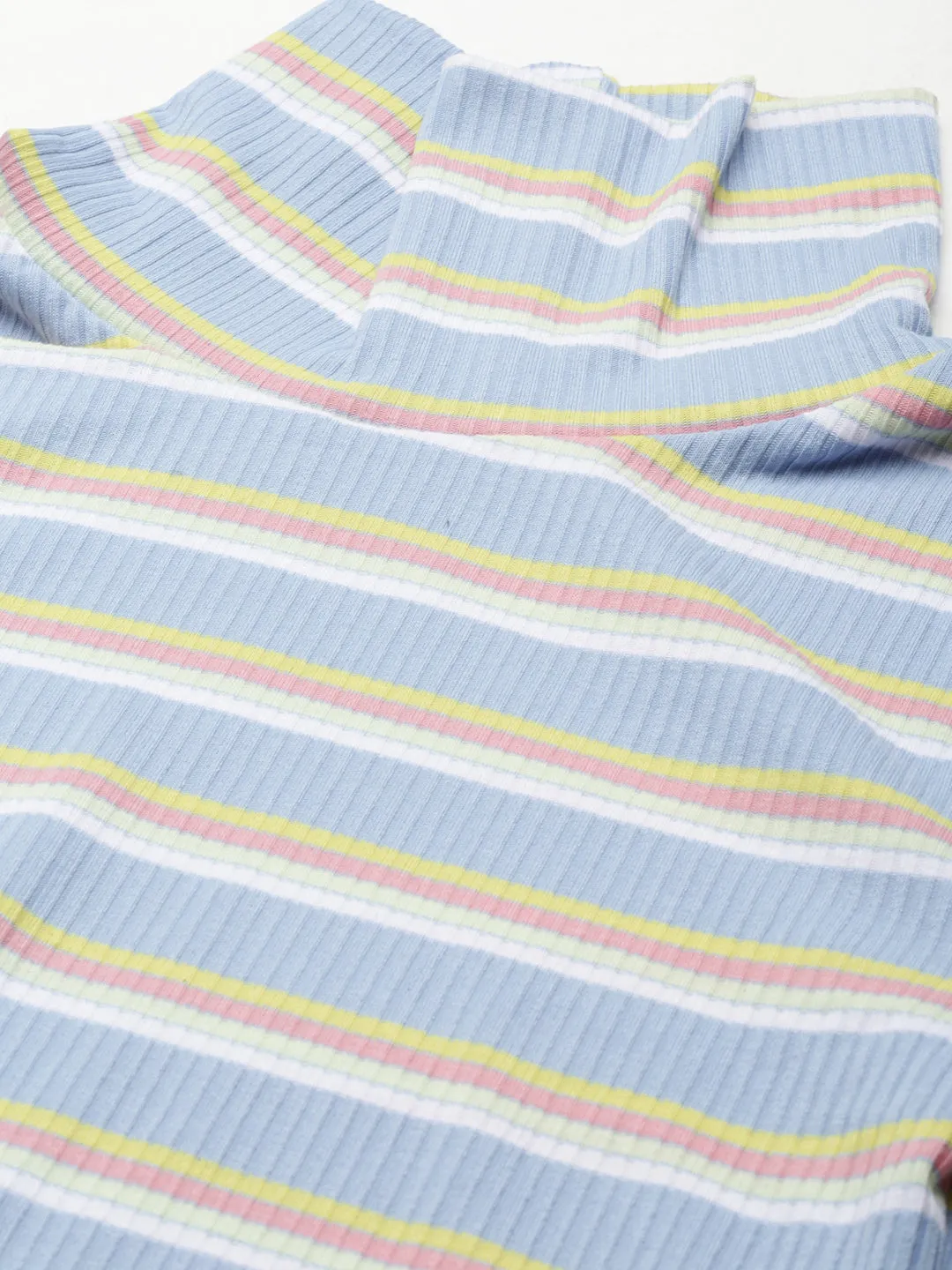 Women's Blue Striped Turtle Neck Fitted Top DropShoulderDesign Breathable Stretch