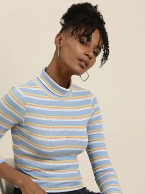 Women's Blue Striped Turtle Neck Fitted Top Essential Comfort