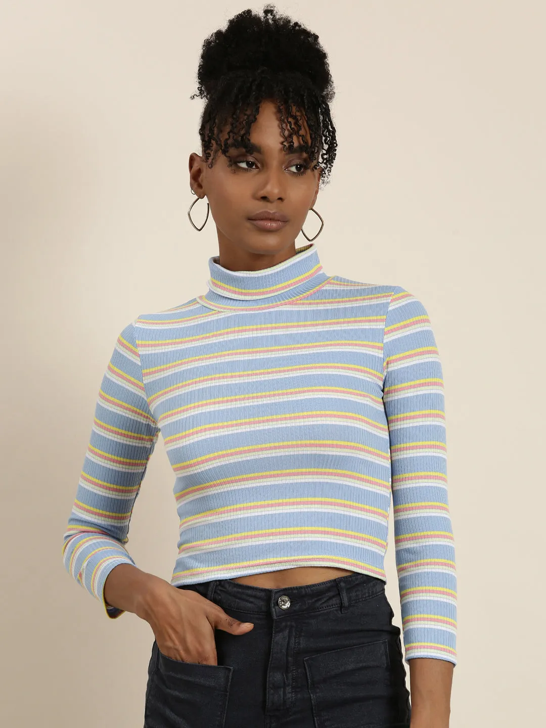 Women's Blue Striped Turtle Neck Fitted Top Casual Comfort Top Breathable Comfort