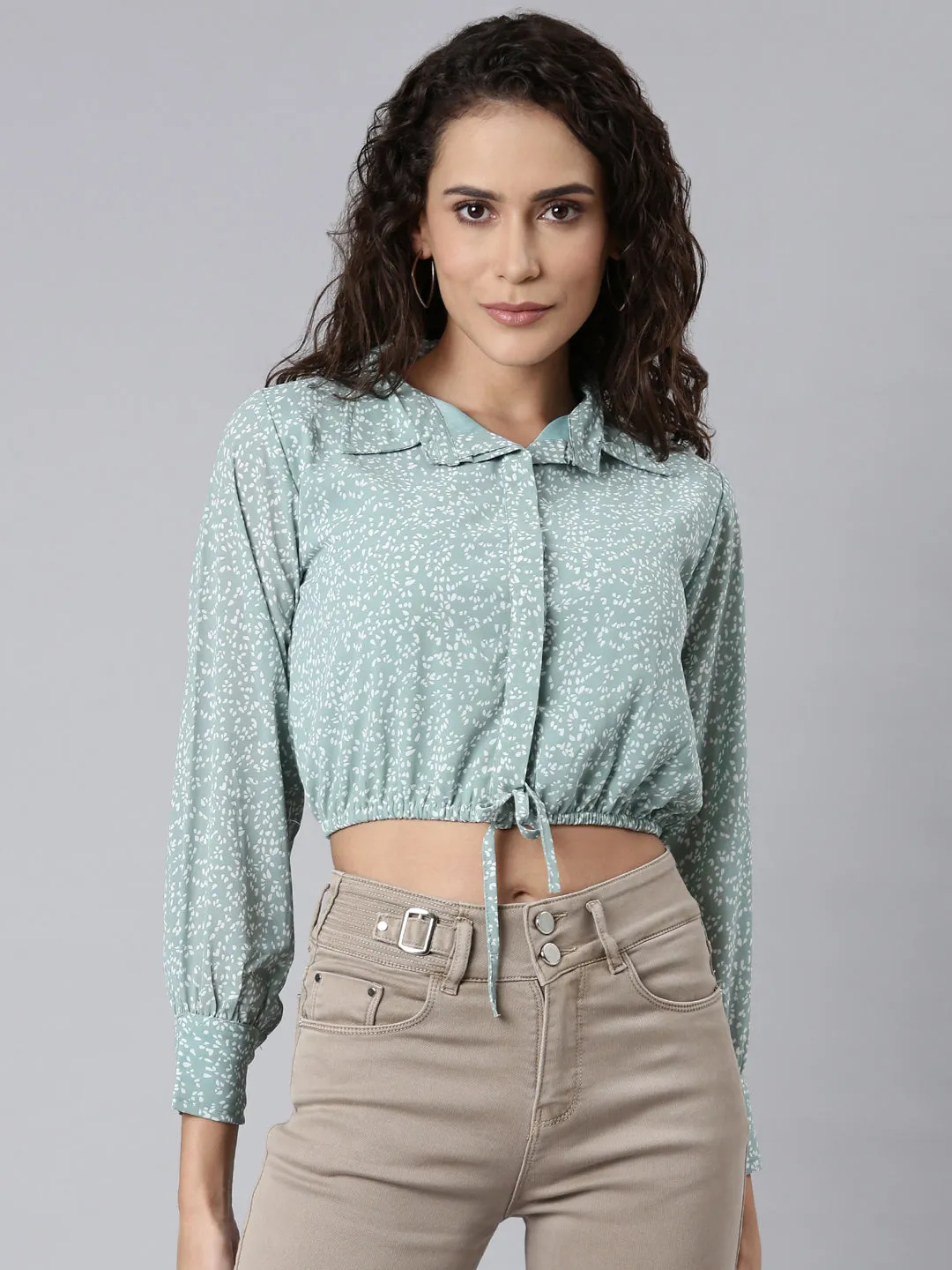 Women's Sea Green Abstract Printed Shirt Collar Crop Top Versatile Layering Piece
