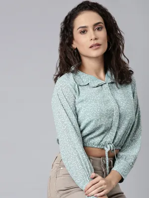 Flexible Neckband Minimalist Aesthetic Women's Sea Green Abstract Printed Shirt Collar Crop Top