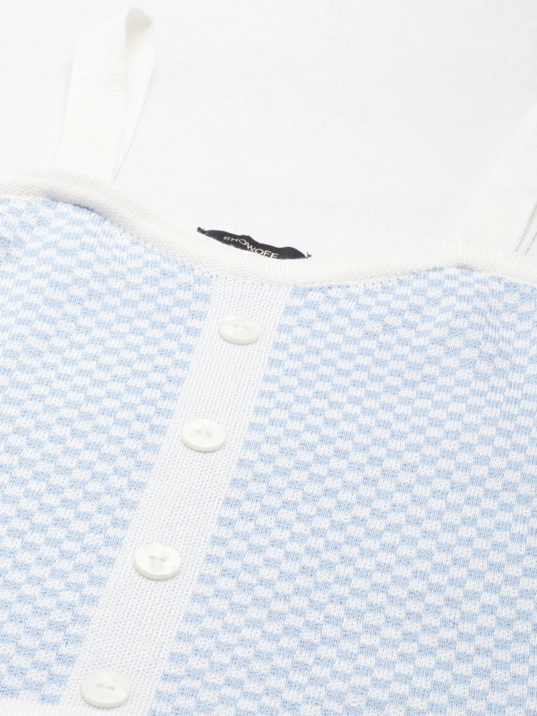 Women's Blue Checked Shoulder Straps Fitted Crop Top Comfort Stretch