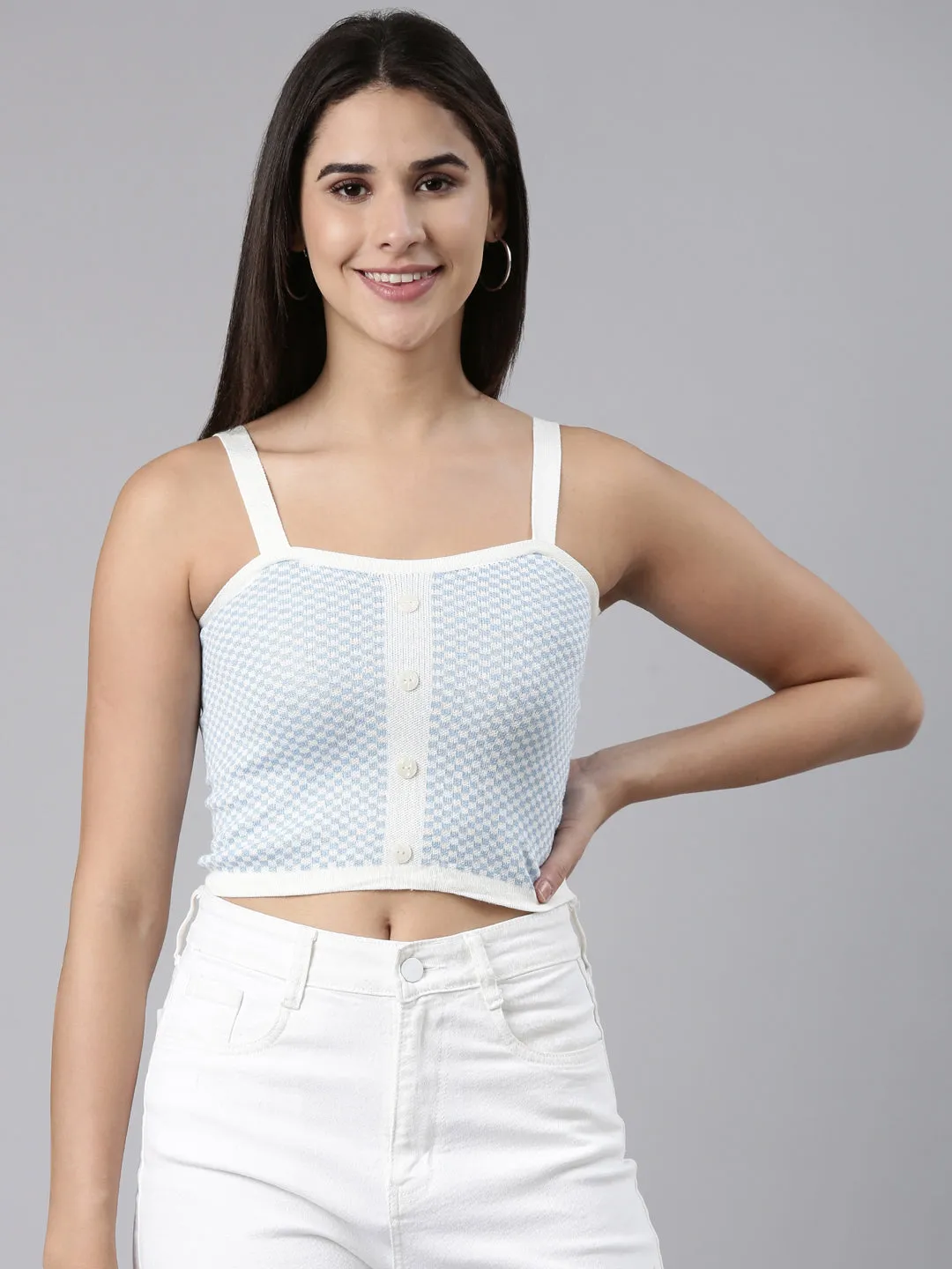 Women's Blue Checked Shoulder Straps Fitted Crop Top Quick Slip