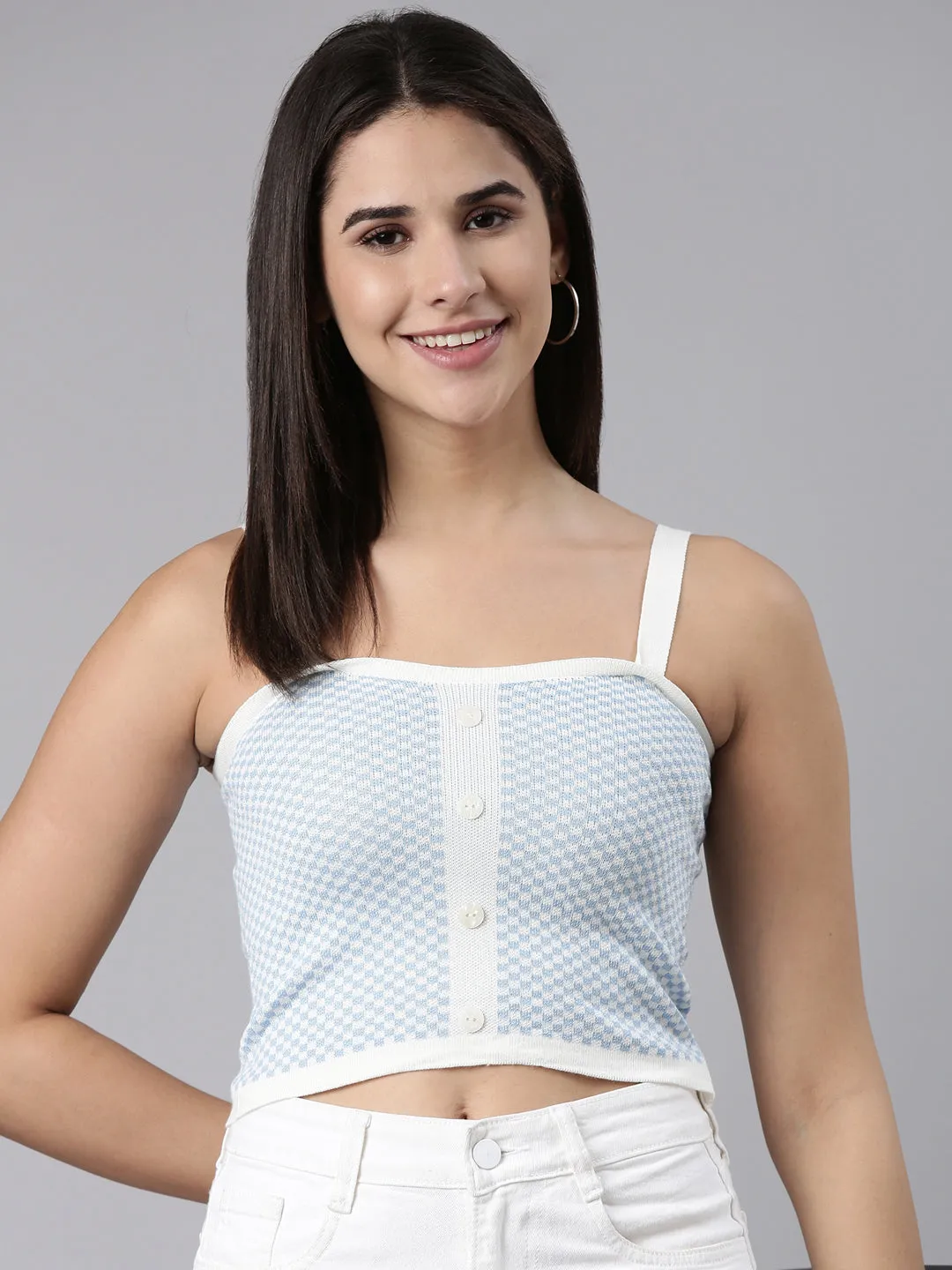 Light Fit Wear Spandex Enhanced Elasticity Women's Blue Checked Shoulder Straps Fitted Crop Top