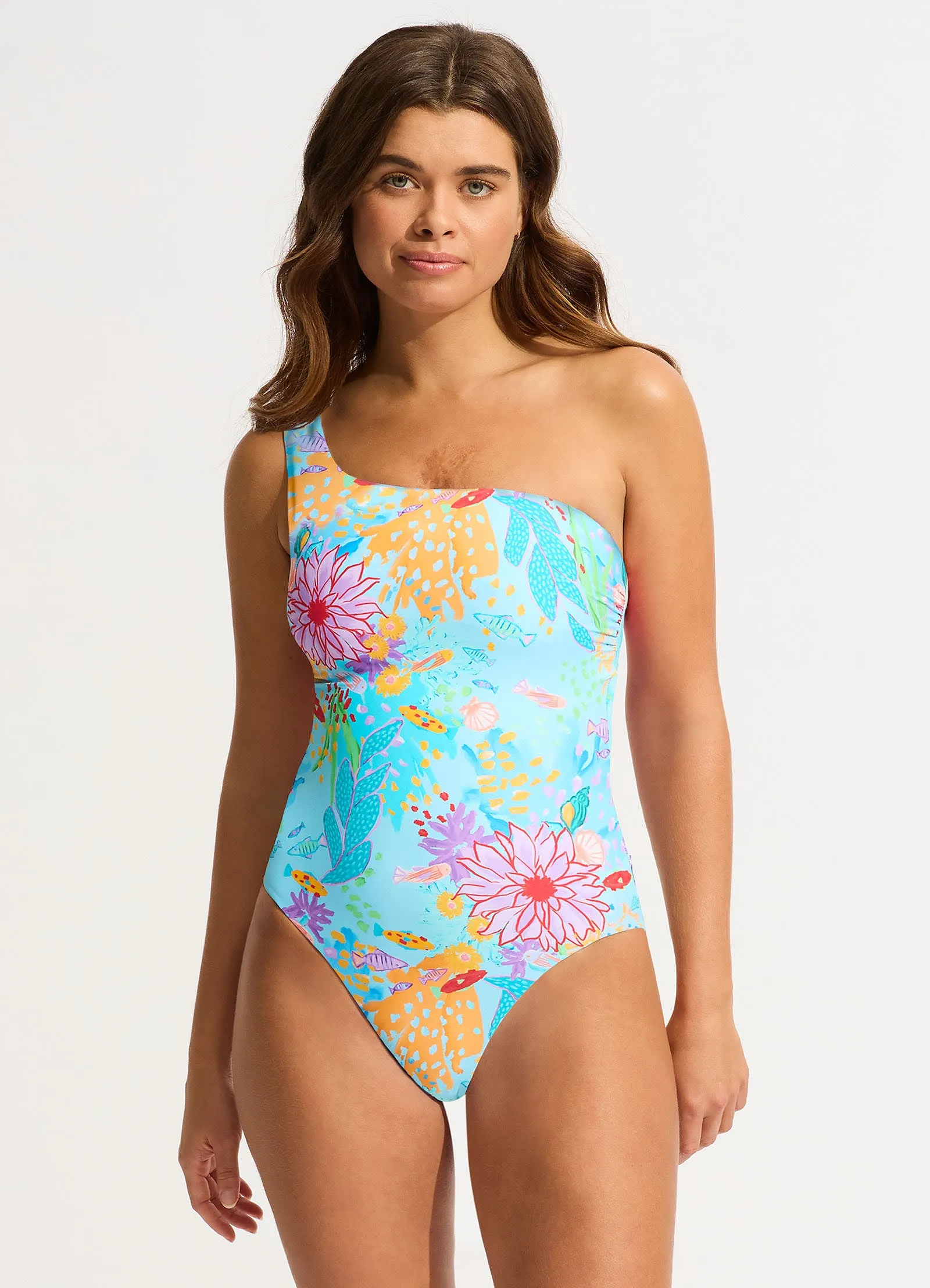 Under The Sea One Shoulder One Piece - Blue Mist Resort Ready Breezy-Feel