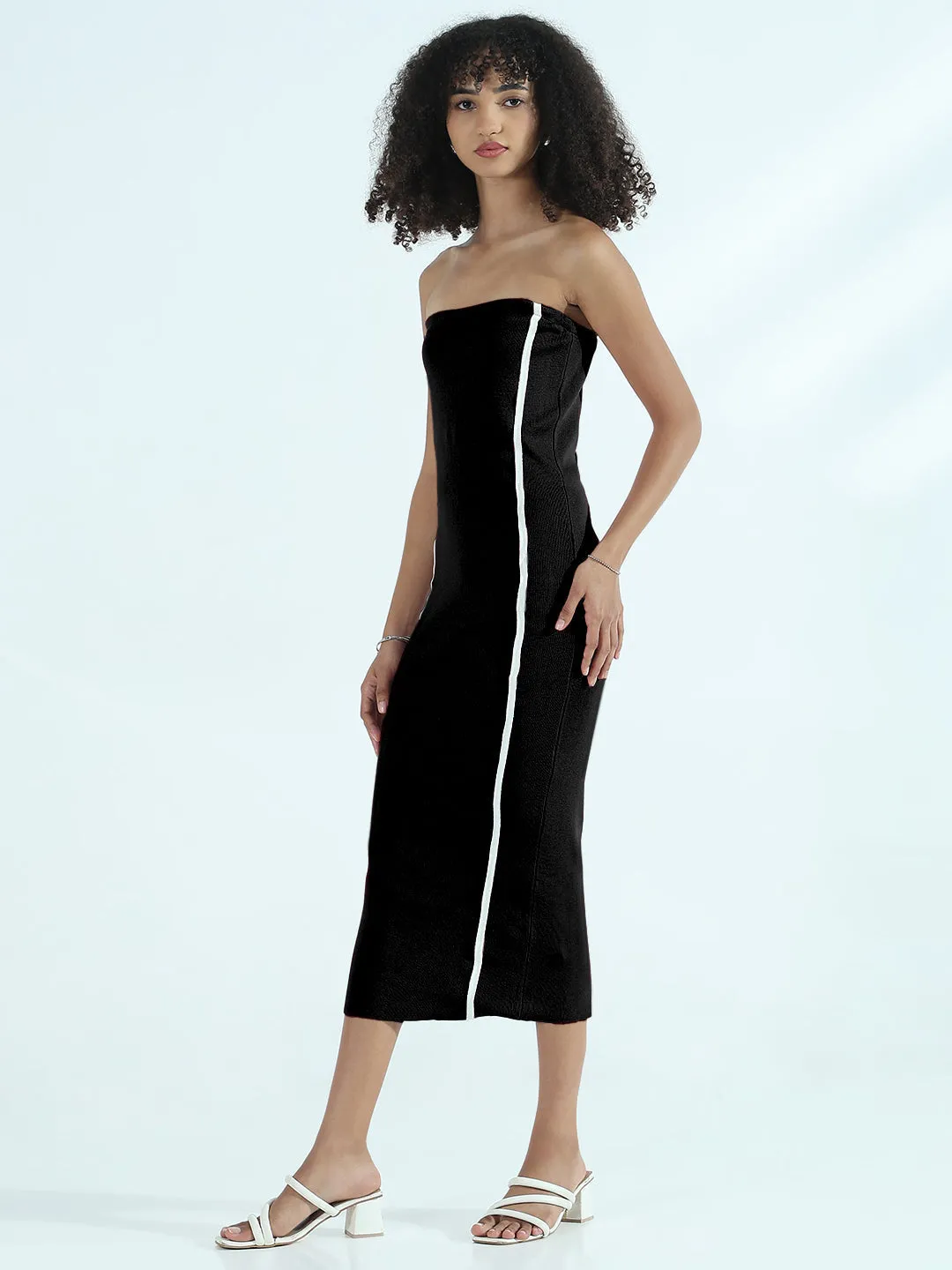 Smooth Shape Women's Ribbed Black Strapless Bodycon Dress with White Stripes