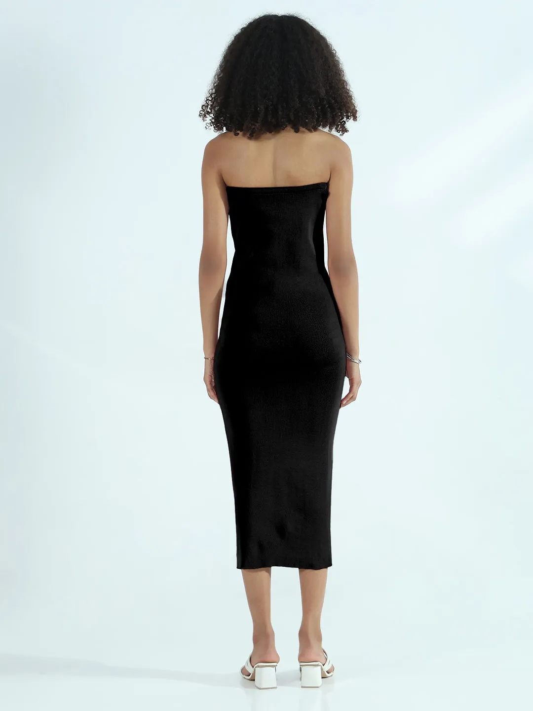 Spring Ready Petite-Size Women's Ribbed Black Strapless Bodycon Dress with White Stripes