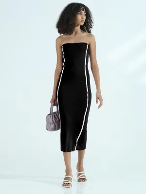 Fluid movement Fresh Palette Women's Ribbed Black Strapless Bodycon Dress with White Stripes