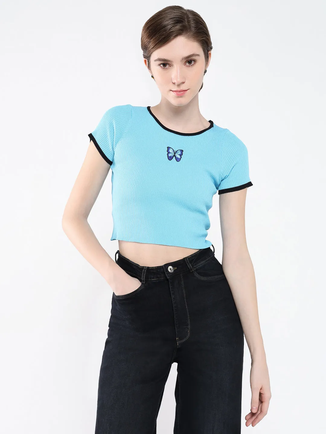 kids' Women's Blue Self Design Round Neck Top