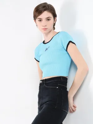 Women's Blue Self Design Round Neck Top AntiPilling Treatment Embroidered Details