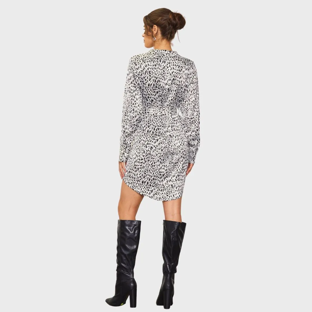 Leopard Print Button Down Dress (White   Black) Structured Fit Neutral Layer