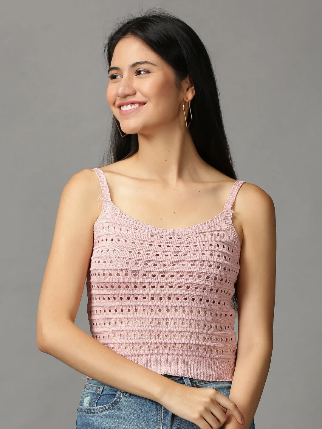 Eco Friendly Material Women's Pink Lace Shoulder Straps Fitted Crop Top