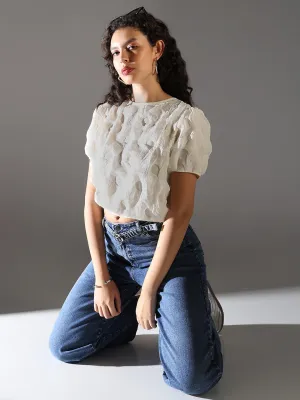 Prom Chic Vibes Women's Cream Self Design Puff Sleeve A-Line Crop Top