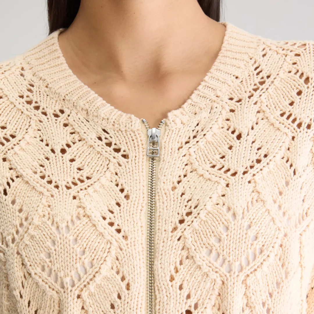 Allady Zipped Cardigan (Ivory) Yarn Dyed Stretch Waistband Design