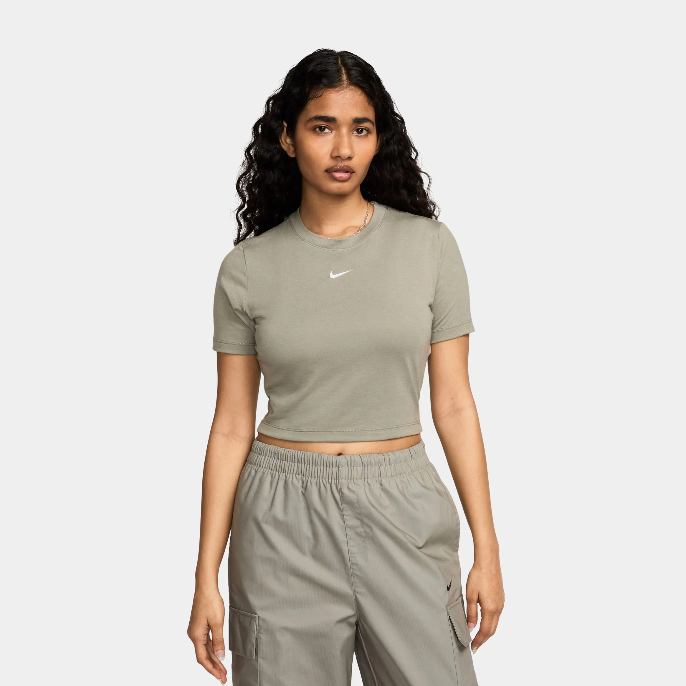 Elegant Glow NSW Essential Slim Fit Crop Womens Short Sleeve Shirt (Green/White)