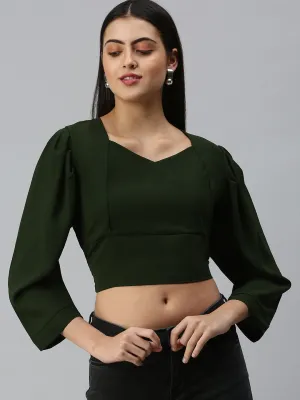 Women's Solid Olive Top Casual Wear