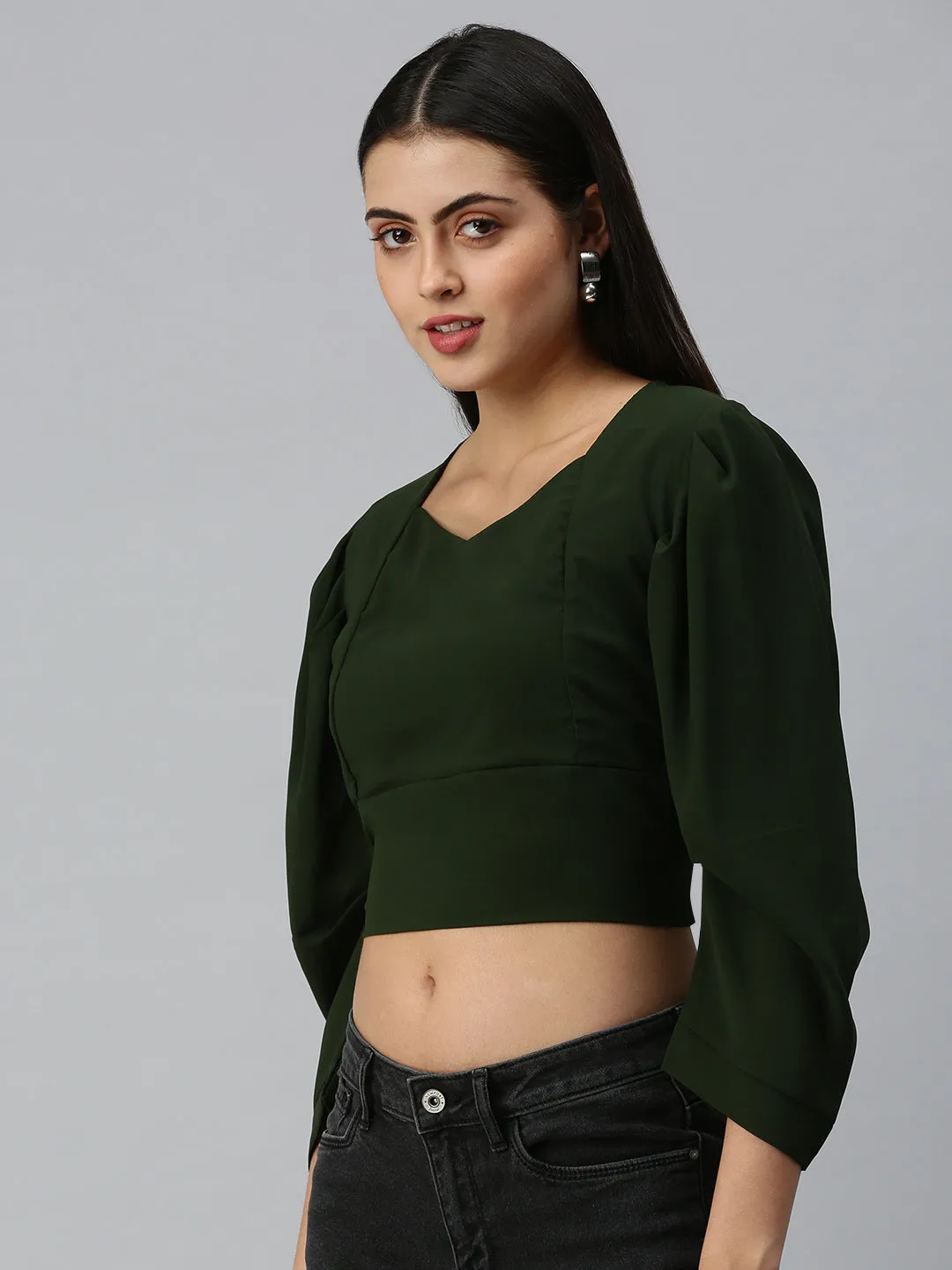 Women's Solid Olive Top Leisure Wear