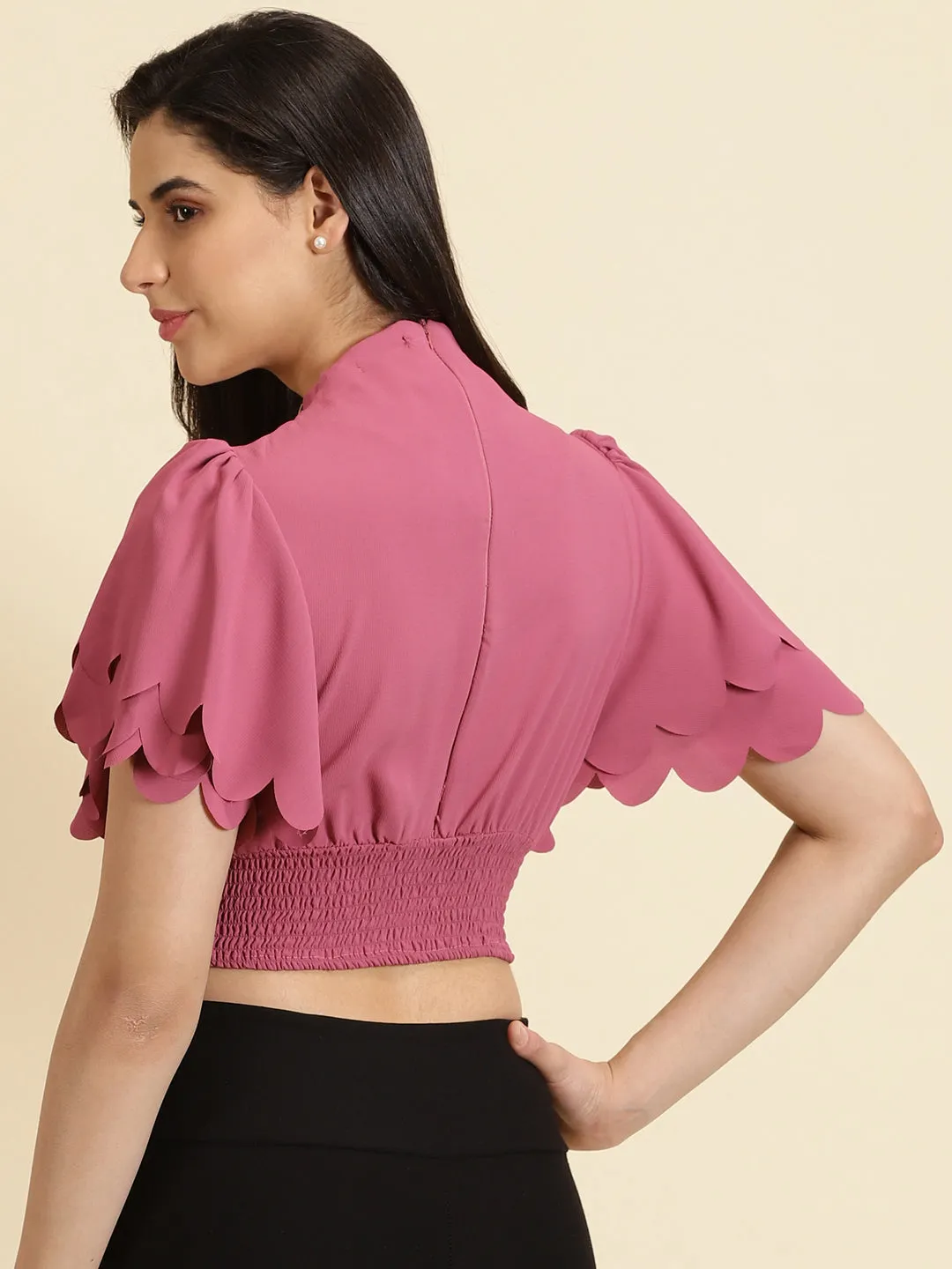 Women's Pink High Neck Flared Sleeve Crepe Cinched Waist Crop Top Comfy Vibes