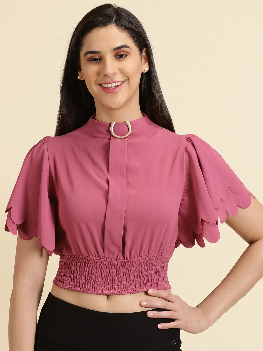 Organic Cotton Summer Style Women's Pink High Neck Flared Sleeve Crepe Cinched Waist Crop Top