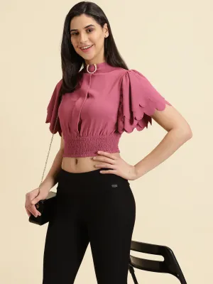 Women's Pink High Neck Flared Sleeve Crepe Cinched Waist Crop Top Effortless Wear Breathable Cotton Fabric
