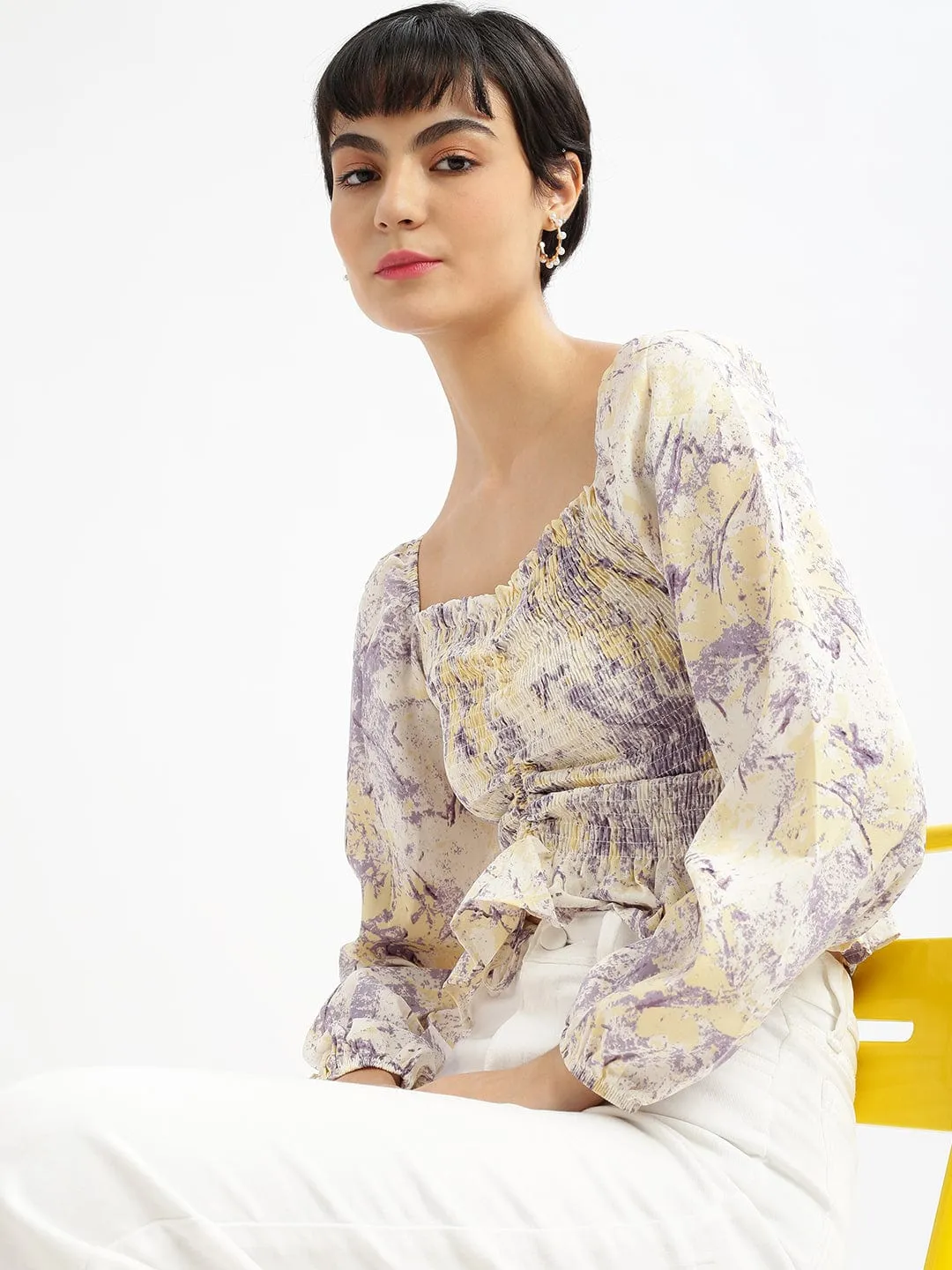 Women's Abstract Lavender Fitted Ruched Crop Top GarmentDyedTexture