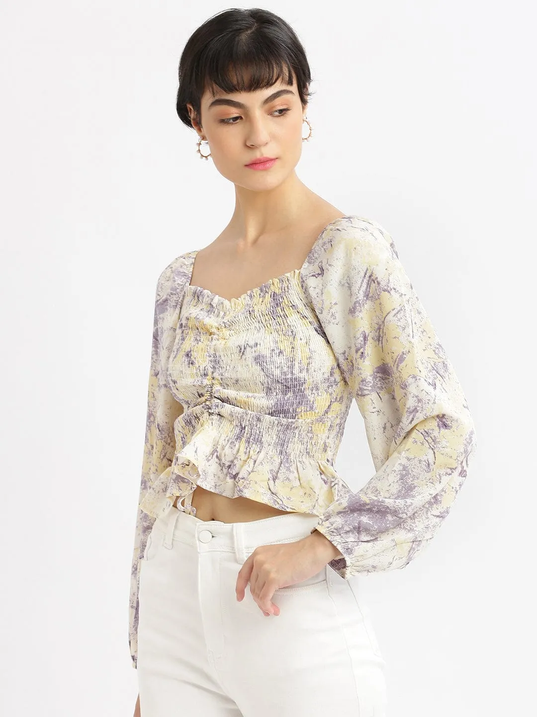 Women's Abstract Lavender Fitted Ruched Crop Top Travel Light Cozy Stretch Fit