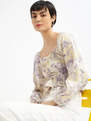 Women's Abstract Lavender Fitted Ruched Crop Top GarmentDyedTexture