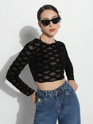 Breathable Style Women's Geometric Black Sheer Fitted Crop Top