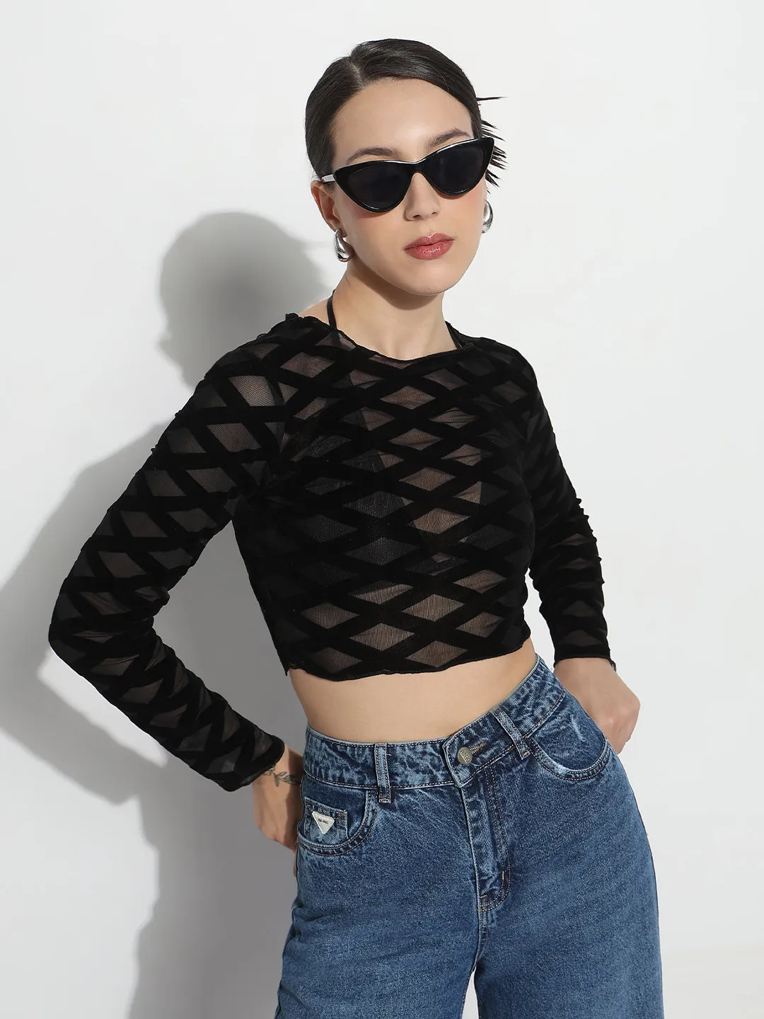 Breathable Style Women's Geometric Black Sheer Fitted Crop Top