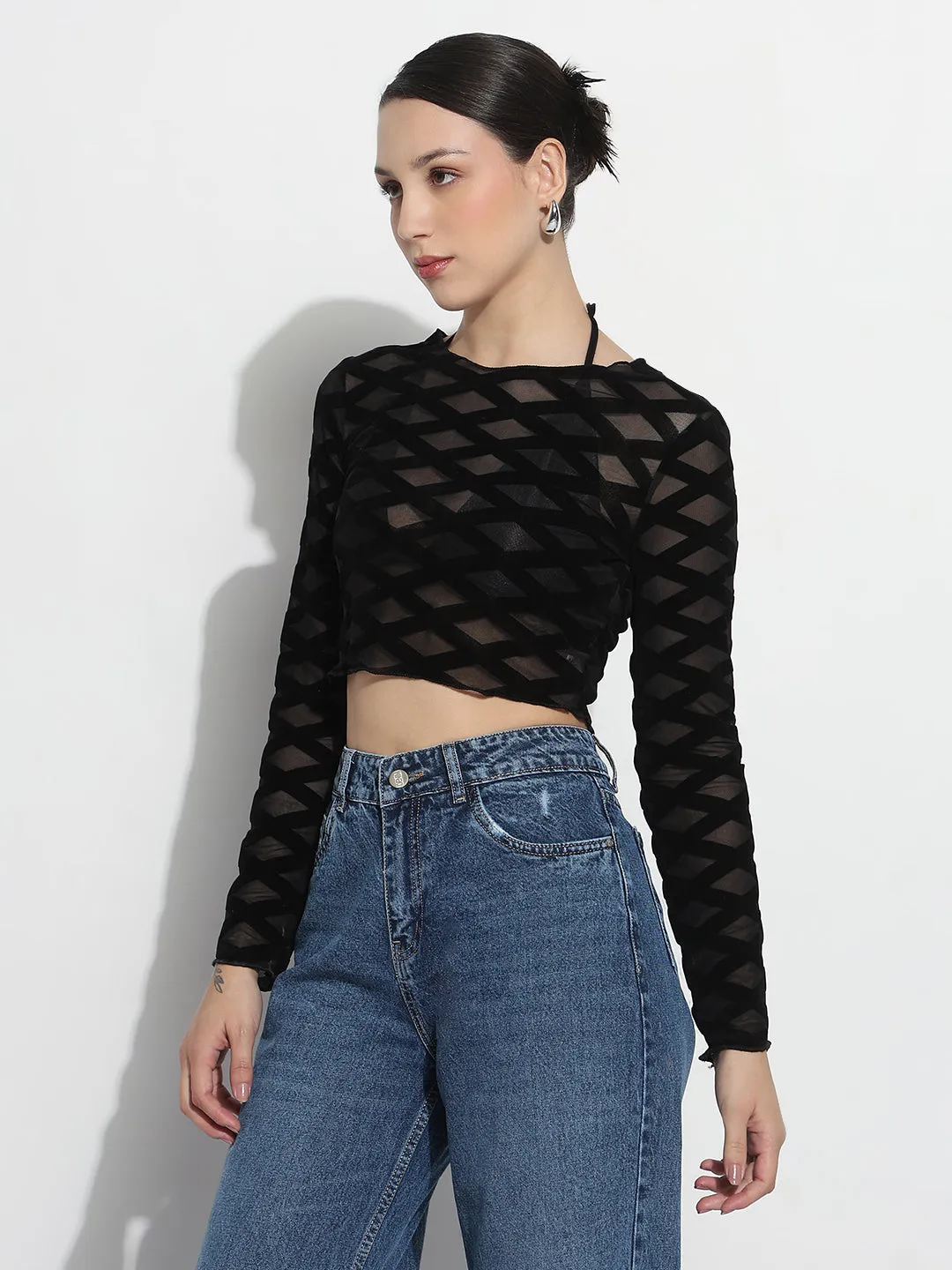 Classic Outfit Style Travel Comfort Style Women's Geometric Black Sheer Fitted Crop Top
