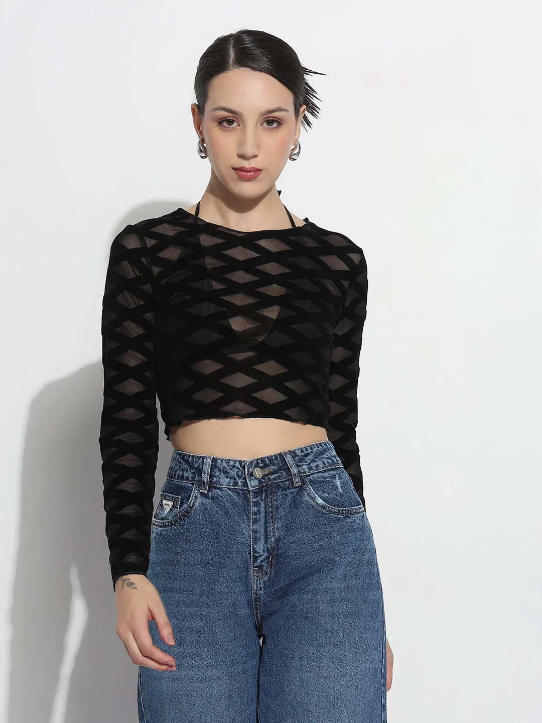 Women's Geometric Black Sheer Fitted Crop Top Playful Design