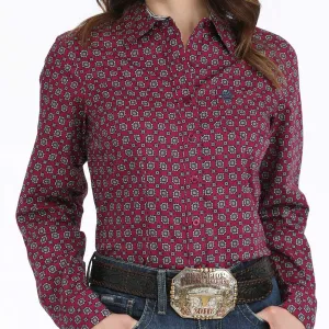 Geometric Print Versatile Trend Cinch Women's L/S Medallion Western Button Down Shirt in Burgundy