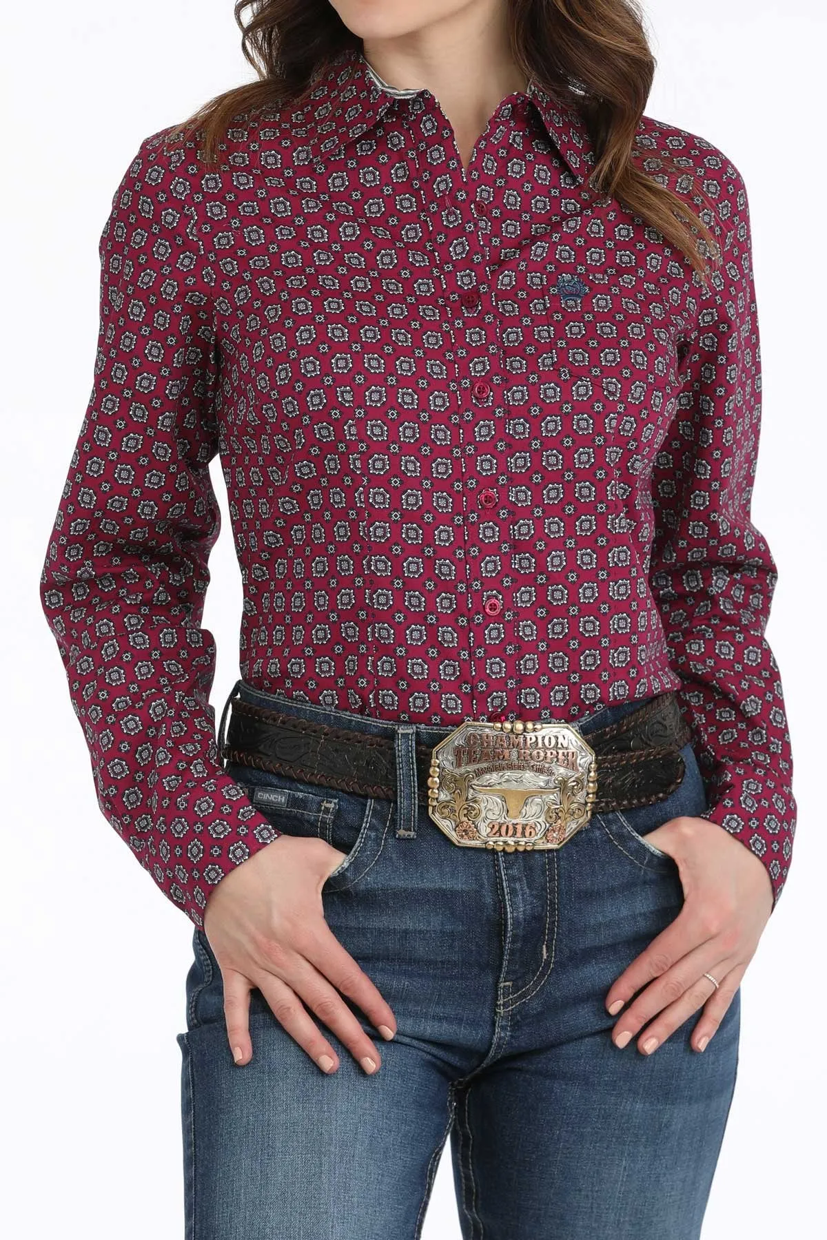 Cinch Women's L/S Medallion Western Button Down Shirt in Burgundy Layer Ready Versatile Outfit