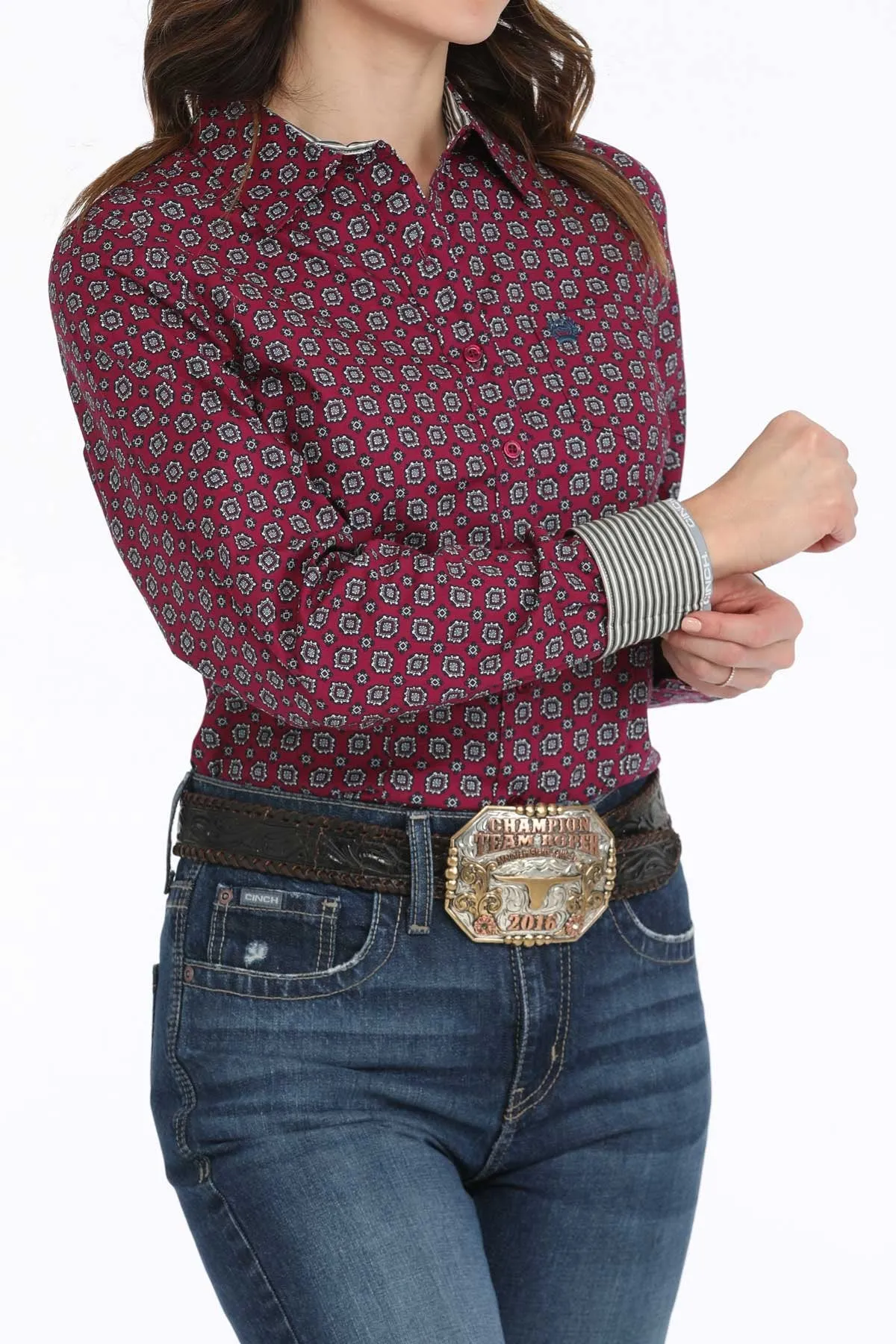Cinch Women's L/S Medallion Western Button Down Shirt in Burgundy Athletic Wear Lightweight Design