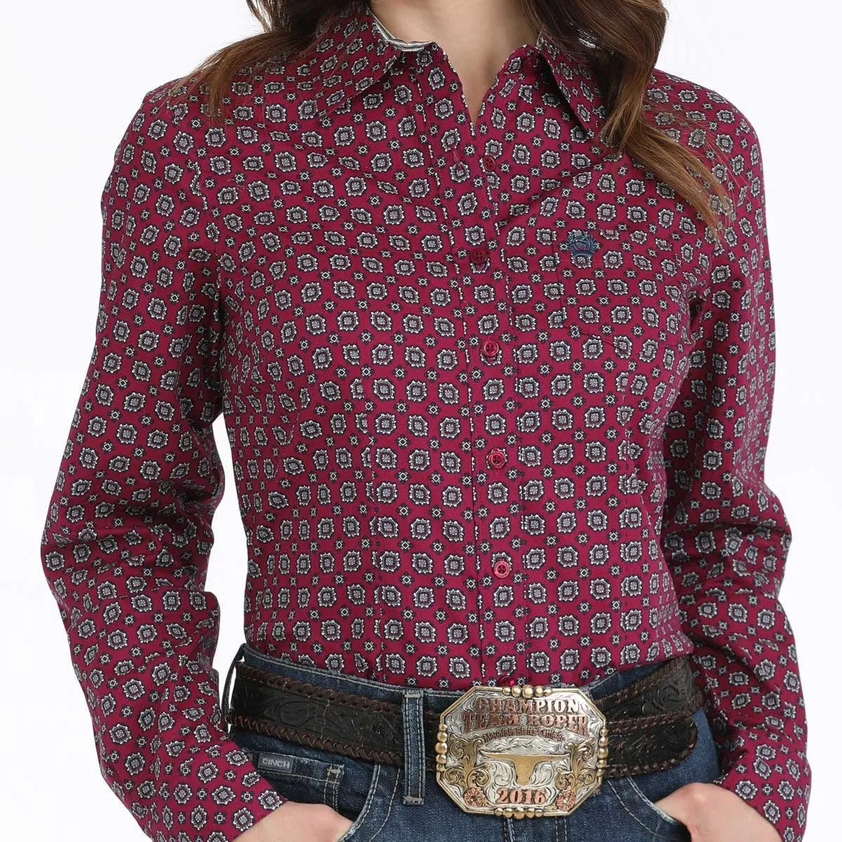 Geometric Print Versatile Trend Cinch Women's L/S Medallion Western Button Down Shirt in Burgundy