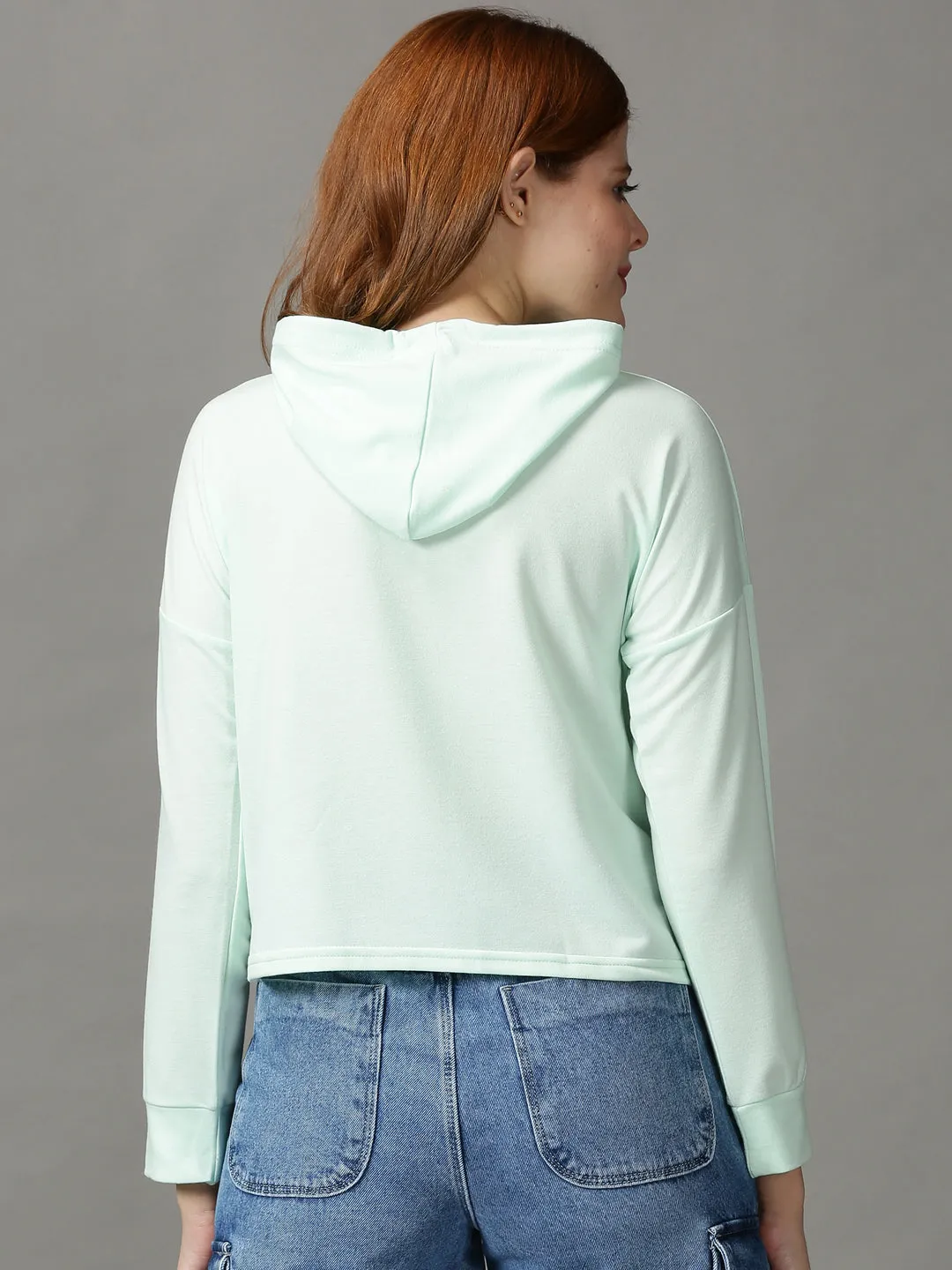 Women's Sea Green Long Sleeves Hooded Top Linen blend