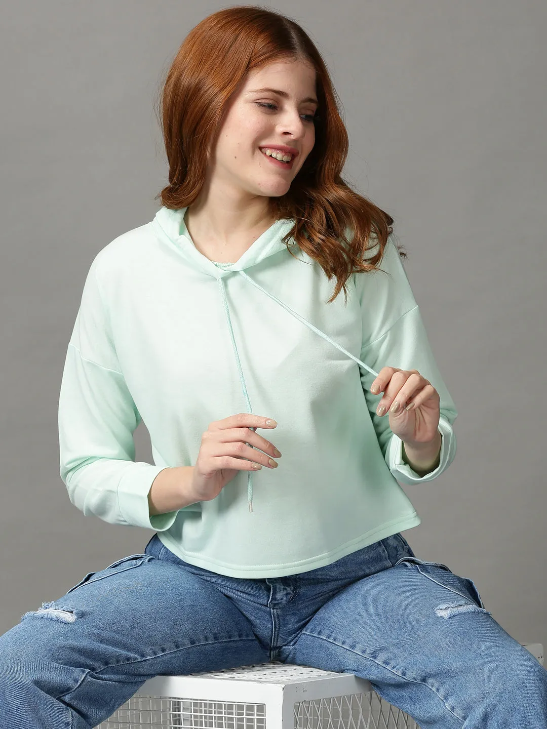 Women's Sea Green Long Sleeves Hooded Top Easygoing Design