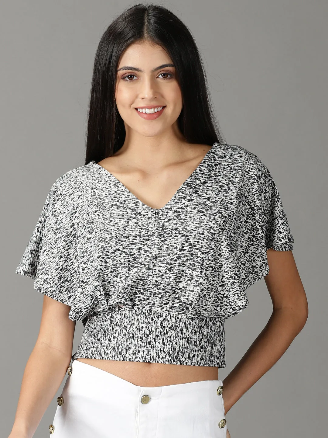 Women's Black Print Extended Sleeves Crop Top OdorResistant Fabric