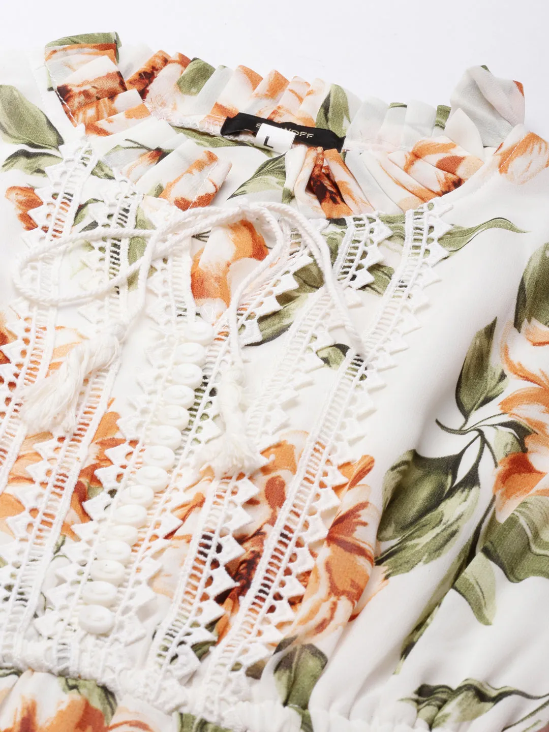 Resort Outfit Evening Tone Women's Off White Floral Print Tie-Up Neck Fit & Flare Dress