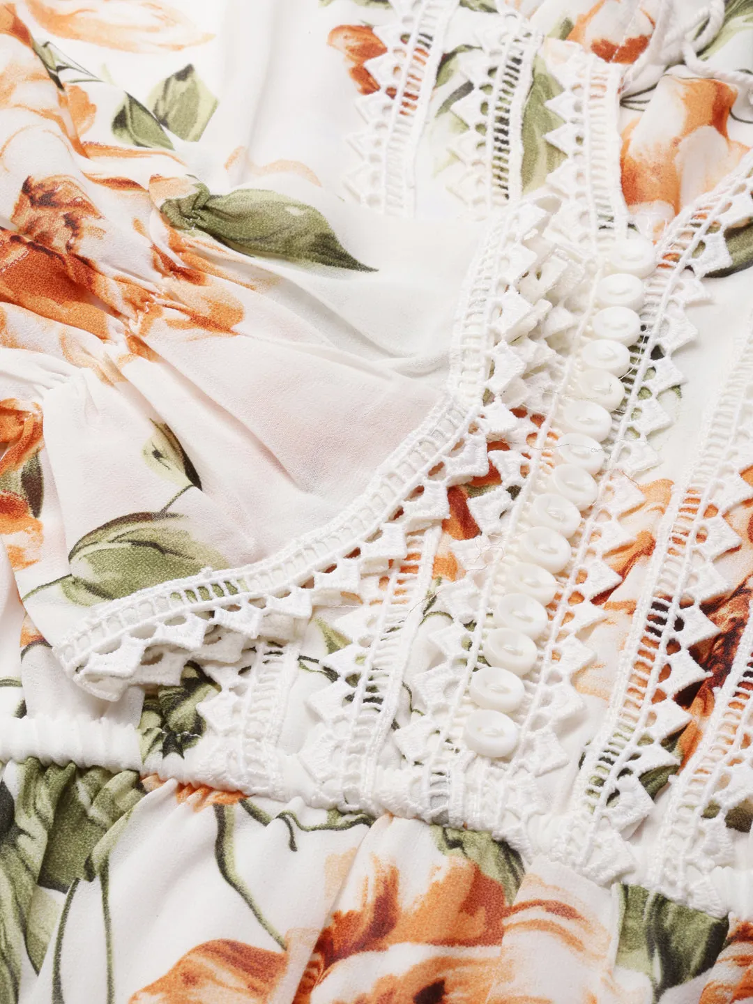 Women's Off White Floral Print Tie-Up Neck Fit & Flare Dress Color-Blocked Chic Layering